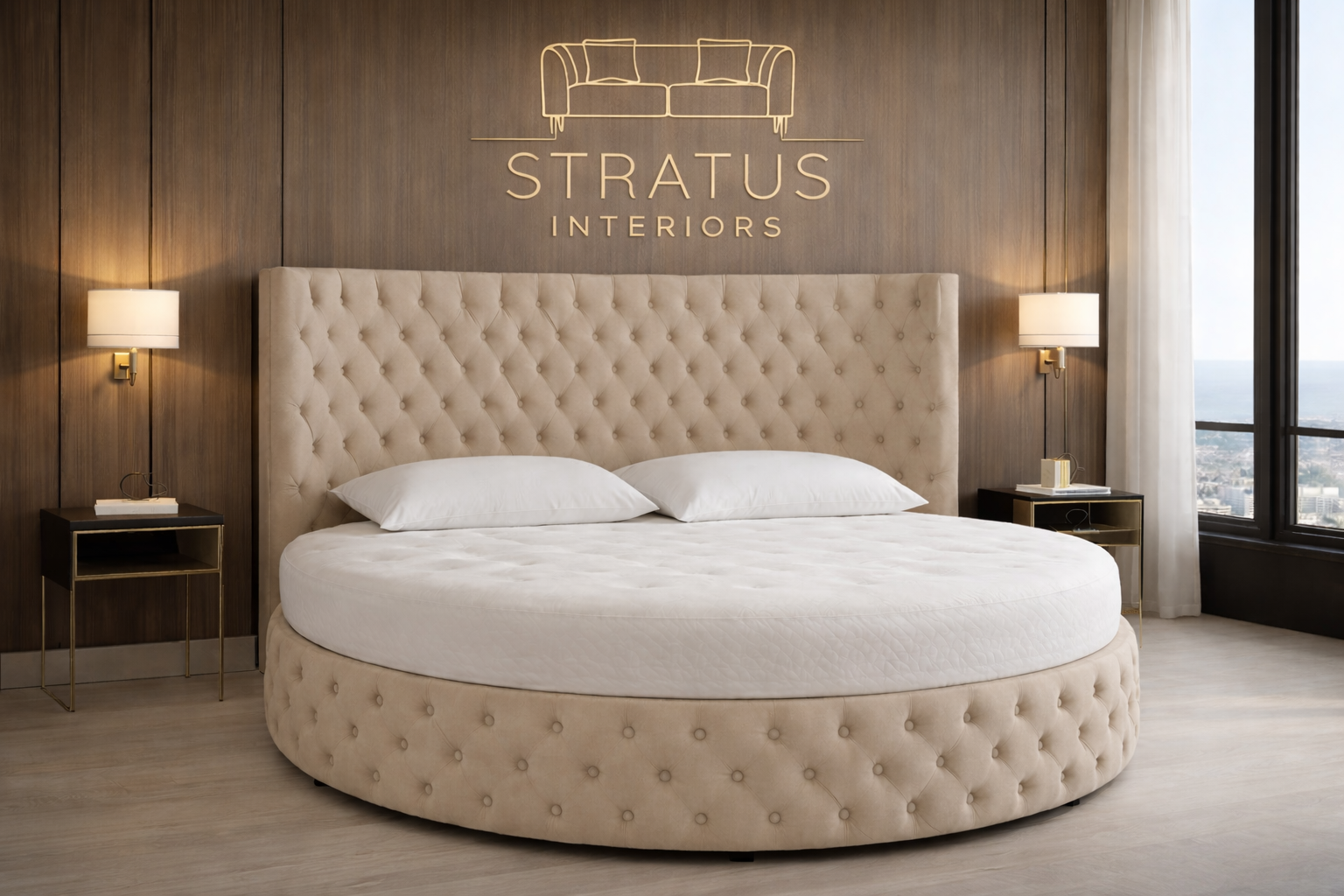 Stratus Interiors Globe luxury round bed in upholstered velvet