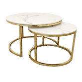Cato Nest of 2 Short Round Coffee Gold Tables with Polar White Sintered Stone Tops
