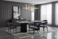Olympia Cream Travertine Effect Dining Table with Fluted Pedestal Base