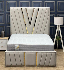 Golden V Metal Accent Upholstered Velvet bed frame Optional Gas lift Storage