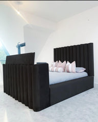 Lined TV Panel Bed | Modern Upholstered Frame with Built-In TV Lift