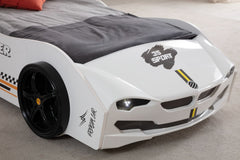 Kids Racing Car Bed Frame | Red/White Sports Car Children's Bed with Rear Spoiler | Single Toddler Bed for Boys & Girls