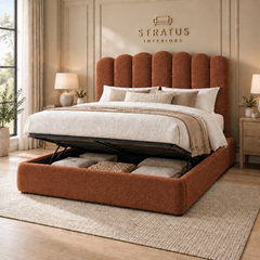 Stratus Cocoon wingless bed in rust bouclé with ottoman storage