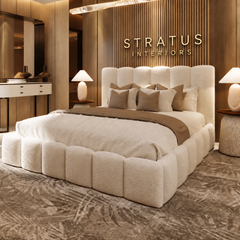 Cream bouclé Teddy Orlando bed with gold Stratus Interiors lettering