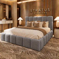 Grey bouclé Teddy Orlando bed with gold Stratus Interiors lettering
