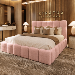 Pink bouclé Teddy Orlando bed with gold Stratus Interiors lettering