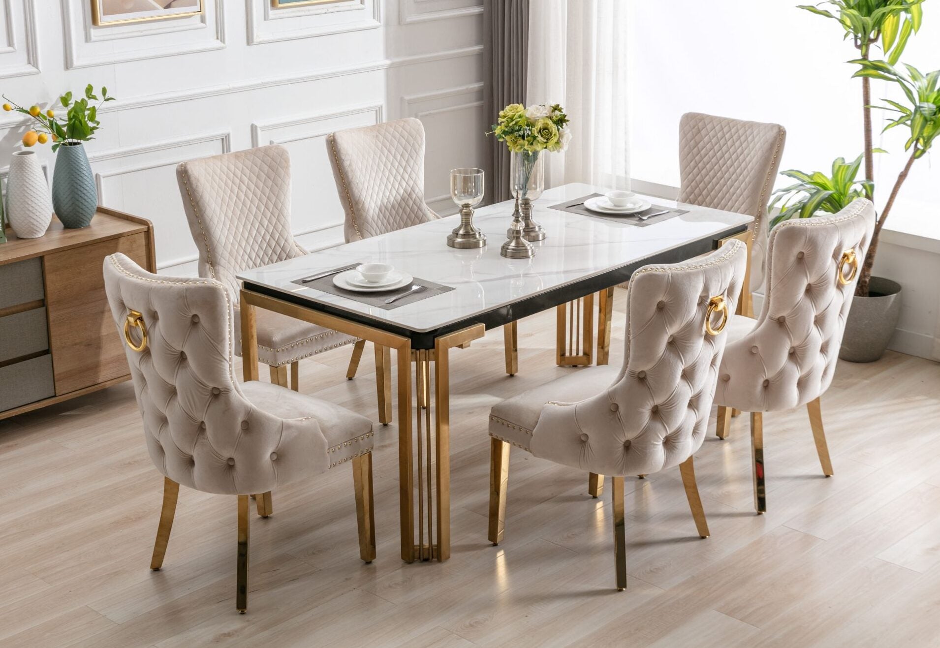 Sorrento Rectangular Ceramic Dining Table – Cream & Gold