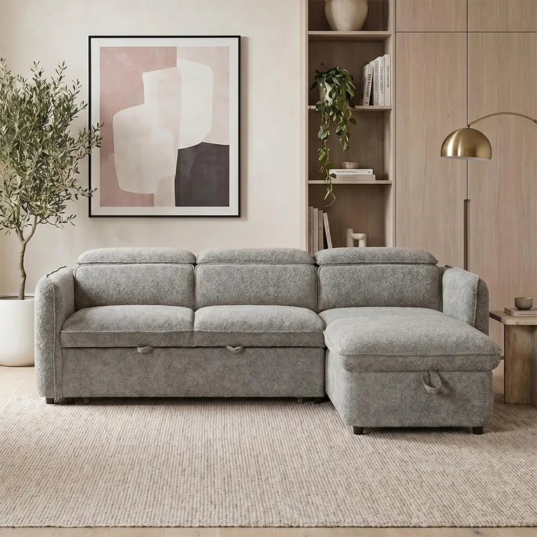 Capri Universal Corner Sofa Bed Grey Fabric Pull-Out Storage Chaise – Reversible L-Shaped Sleeper Sofa