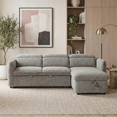Capri Universal Corner Sofa Bed Grey Fabric Pull-Out Storage Chaise – Reversible L-Shaped Sleeper Sofa
