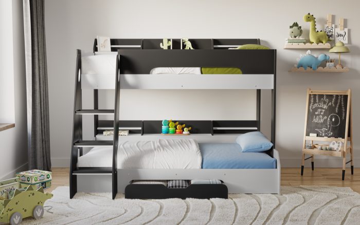 Flick Triple Bunk Bed – White Wooden 3 Sleeper Bunk Bed with Storage