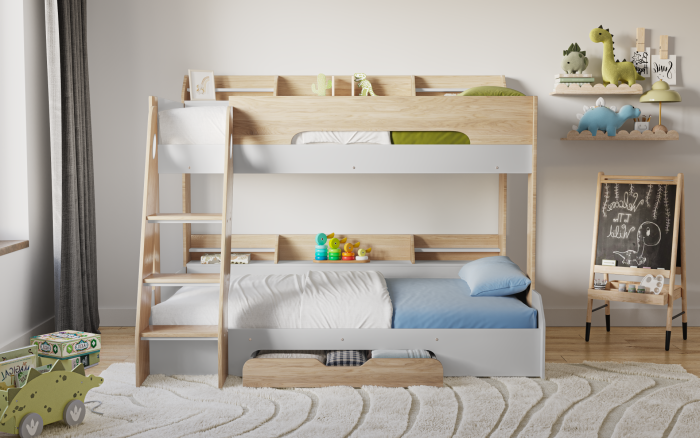 Flick Triple Bunk Bed – White Wooden 3 Sleeper Bunk Bed with Storage