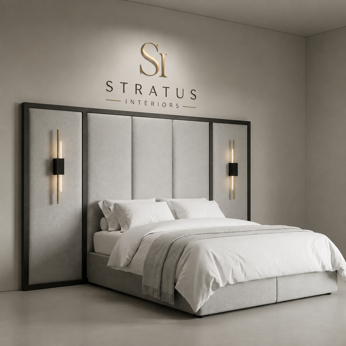 Concordia Modern Wall Panel Upholstered Bed Frame with integrated Nightlight Headboard