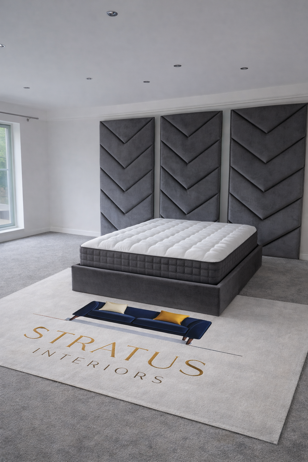 Optimus Luxury Upholstered Bed with Chevron Wall Panels – Premium Velvet Bed Frame Set