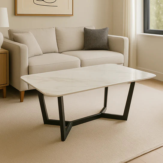 Jessica Ceramic White Fixed Top Coffee Table Black Base