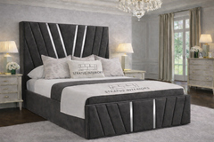 Victor Velvet Upholstered Bed Frame with Gold or Silver Metal Accents – Modern Geometric Headboard – Queen/King