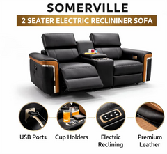 Somerville Electric Leather Recliner Sofa – Black & Tan | USB & Cup Holders | 3 Seater, 2 Seater & Armchair