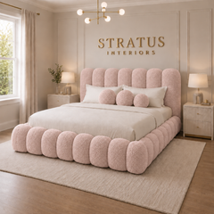 Cloud Teddy Bouclé Bed – Upholstered Bed with Optional Gas Lift Storage