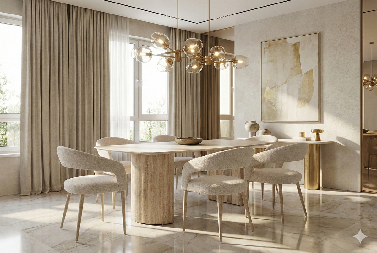 Olympia Cream Travertine Effect Dining Table with Fluted Pedestal Base