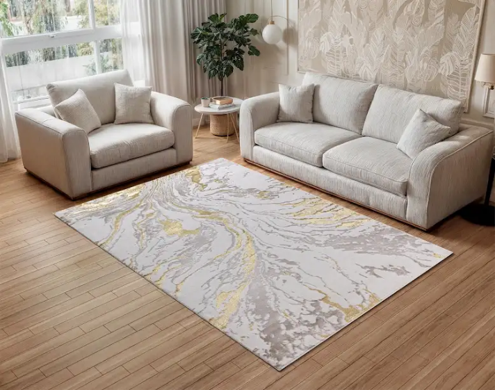 BLOSSOM LARGE LIVING ROOM RUG GOLD SWIRLS  200 X 290 CM