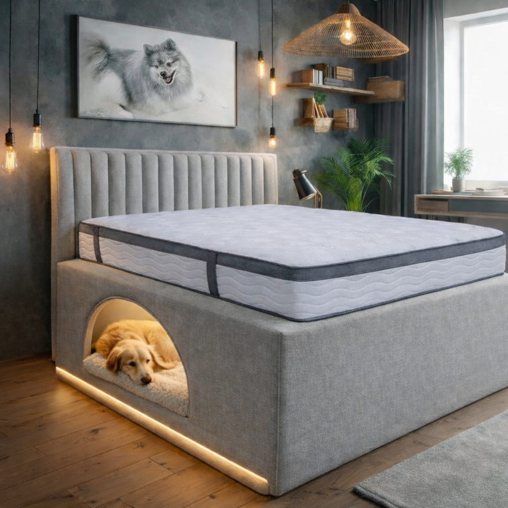 Modern Upholstered Bed Frame with Built-In Dog Bed - Pet-Friendly Platform Bed