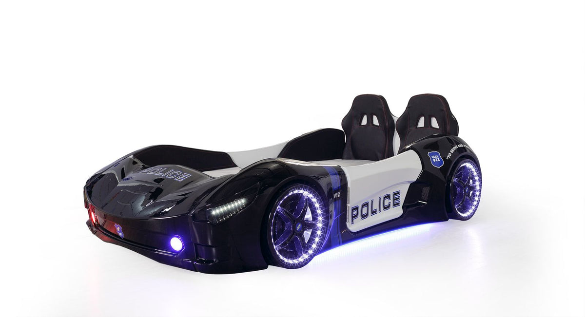 Kids Police Car Bed Frame | Children's Police Racing Car Bed with Spoiler | Toddler Boys & Girls Single Bed