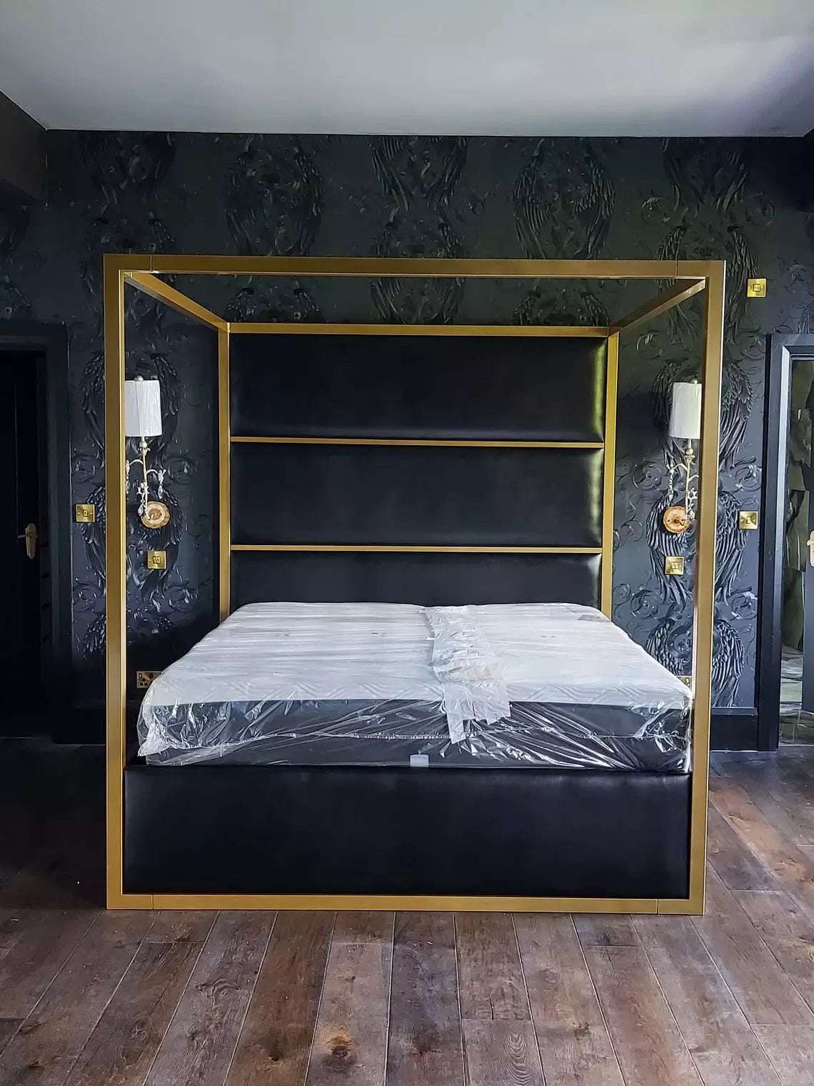 Metallic Four Poster Luxury  Upholstered Bed gold chrome silver master bedroom