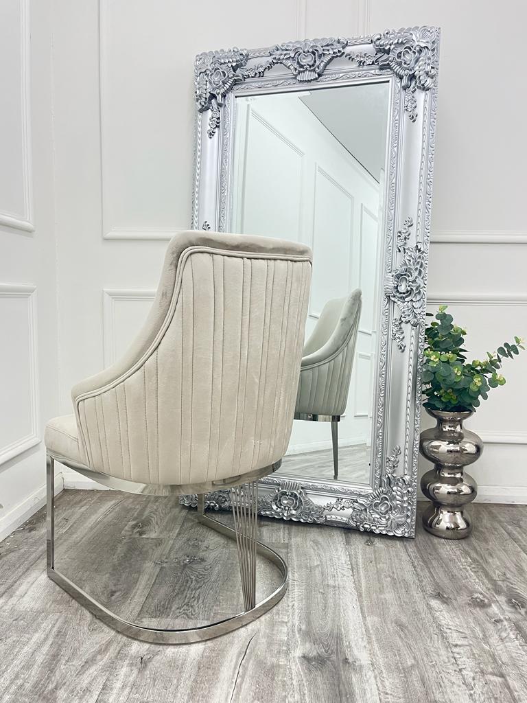 Chelmsford Beige Velvet Dining Chair silver and gold metal base