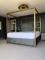 Metallic Four Poster Luxury  Upholstered Bed gold chrome silver master bedroom