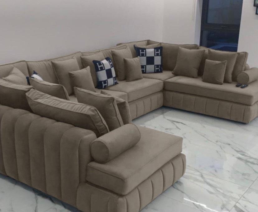 Oyster U Shape Open Ended Velvet Fabric Chaise Sofa