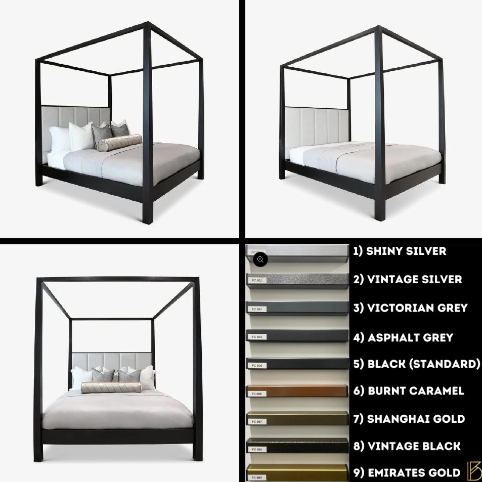 Metallic Four Poster Luxury  Upholstered Bed gold chrome silver master bedroom