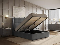 Samba Grey Fabric wing back bed  Ottoman Storage double and King