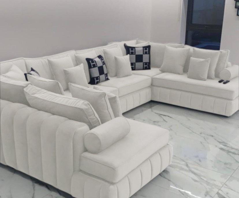 Oyster U Shape Open Ended Velvet Fabric Chaise Sofa