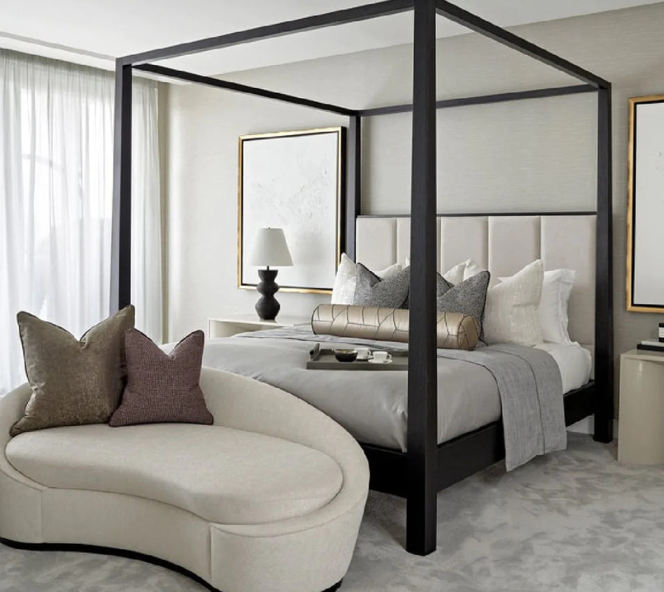 Metallic Four Poster Luxury  Upholstered Bed gold chrome silver master bedroom