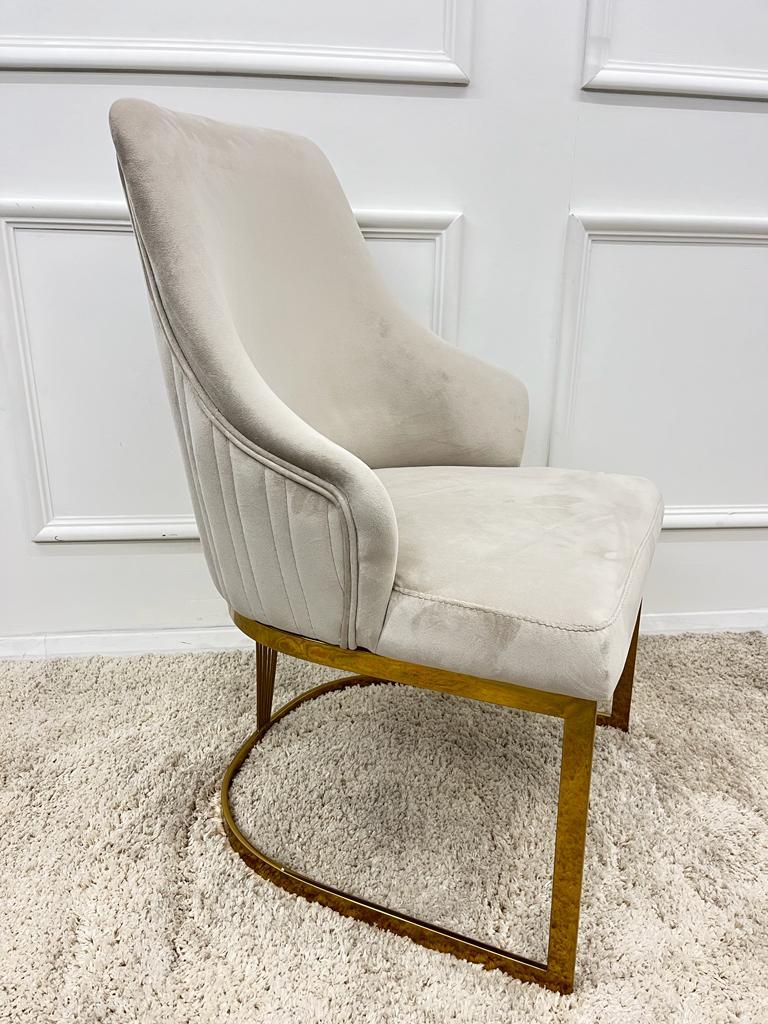Chelmsford Beige Velvet Dining Chair silver and gold metal base