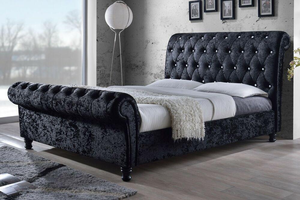 Regal Sleigh Bed frame roll top head and foot soft velvet