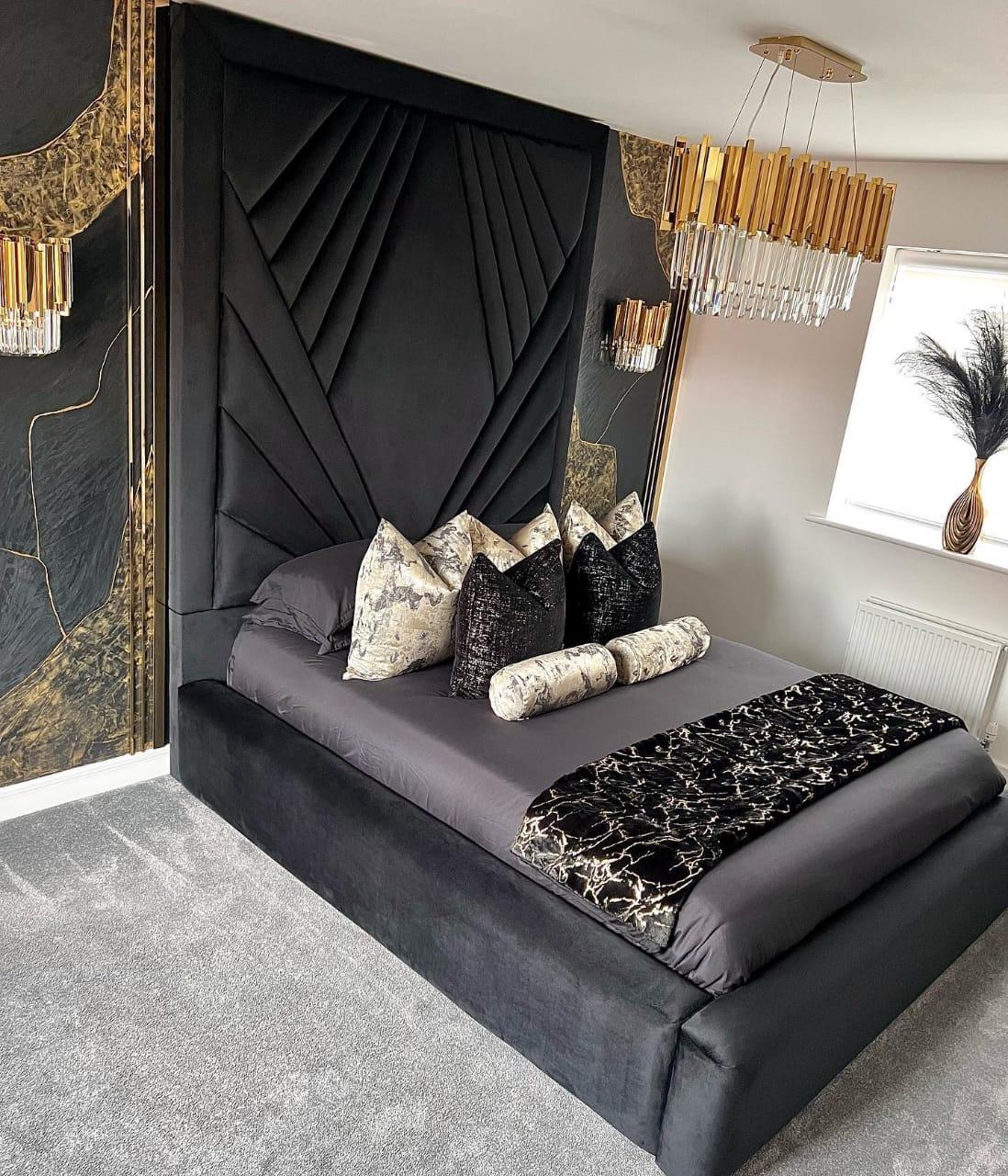 Coco Geometric Lined Velvet Upholstered Bed optional gas lift storage