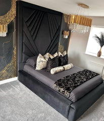 Coco Geometric Lined Velvet Upholstered Bed optional gas lift storage