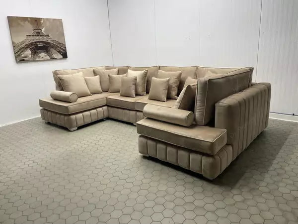 Oyster U Shape Open Ended Velvet Fabric Chaise Sofa