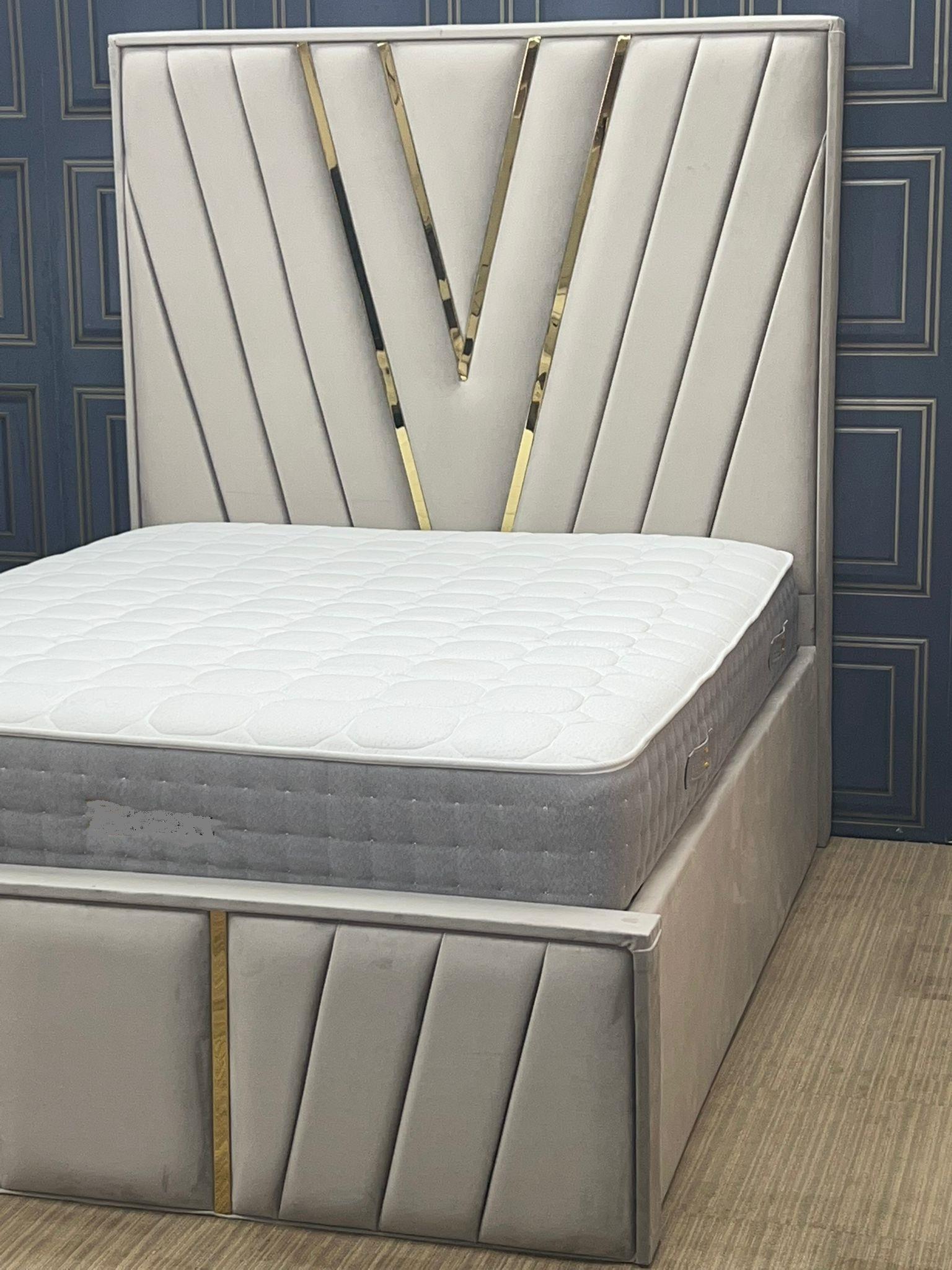 Golden V Metal Accent Upholstered Velvet bed frame Optional Gas lift Storage