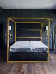 Metallic Four Poster Luxury  Upholstered Bed gold chrome silver master bedroom