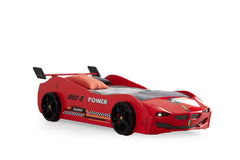 Kids Racing Car Bed Frame | Red/White Sports Car Children's Bed with Rear Spoiler | Single Toddler Bed for Boys & Girls