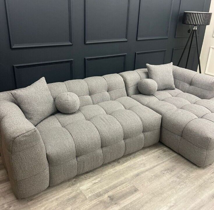 Boucle Teddy Fabric Bubble Corner Sofa - Grey and Cream  Boucle - Estelle Decor