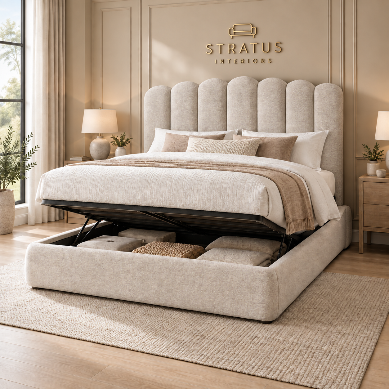 Stratus Cocoon wingless cream bouclé bed with Stratus Interiors wall logo