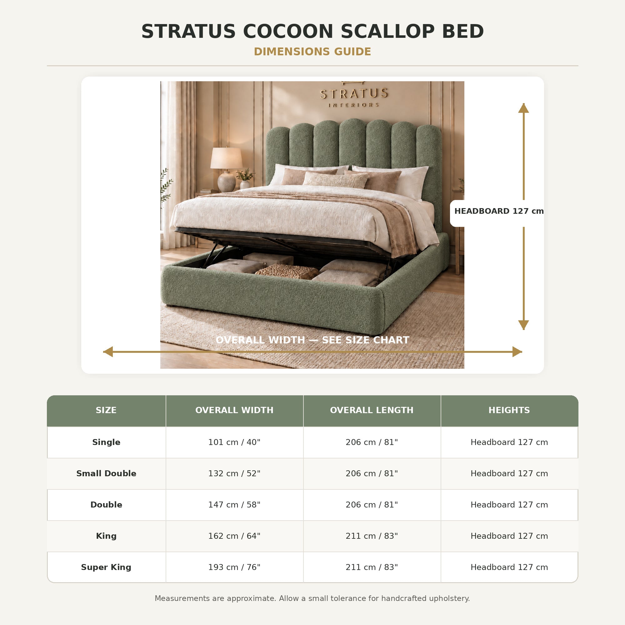 Stratus Cocoon Scallop Bed dimensions guide for Single to Super King