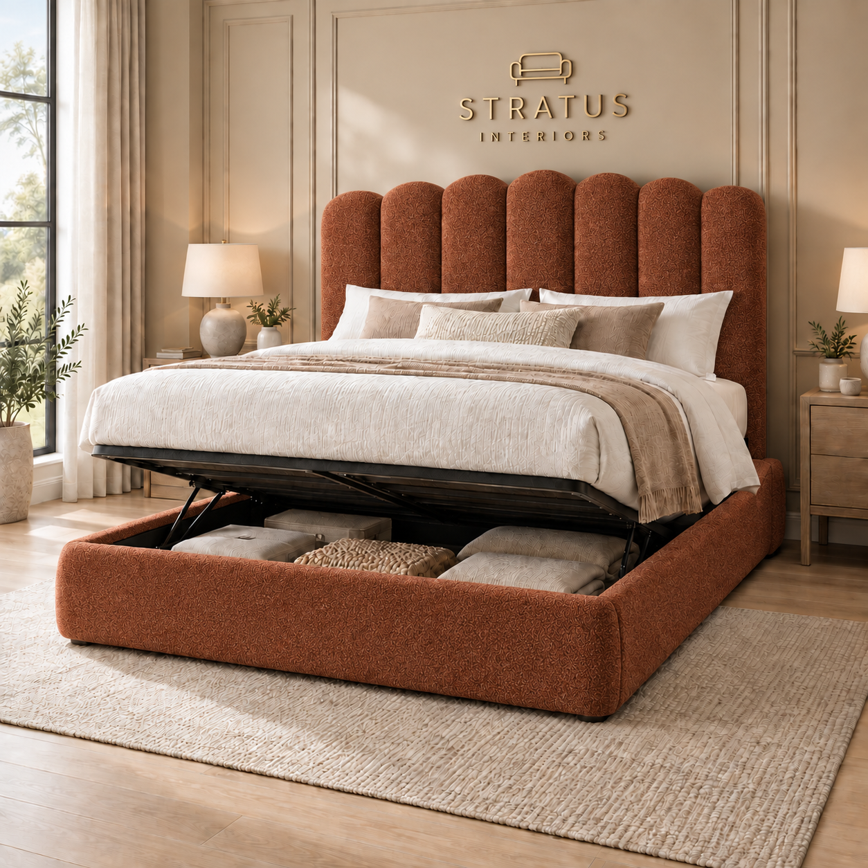 Stratus Cocoon wingless bed in rust bouclé with ottoman storage
