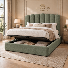 Stratus Cocoon scallop upholstered bed in sage green bouclé with optional ottoman storage