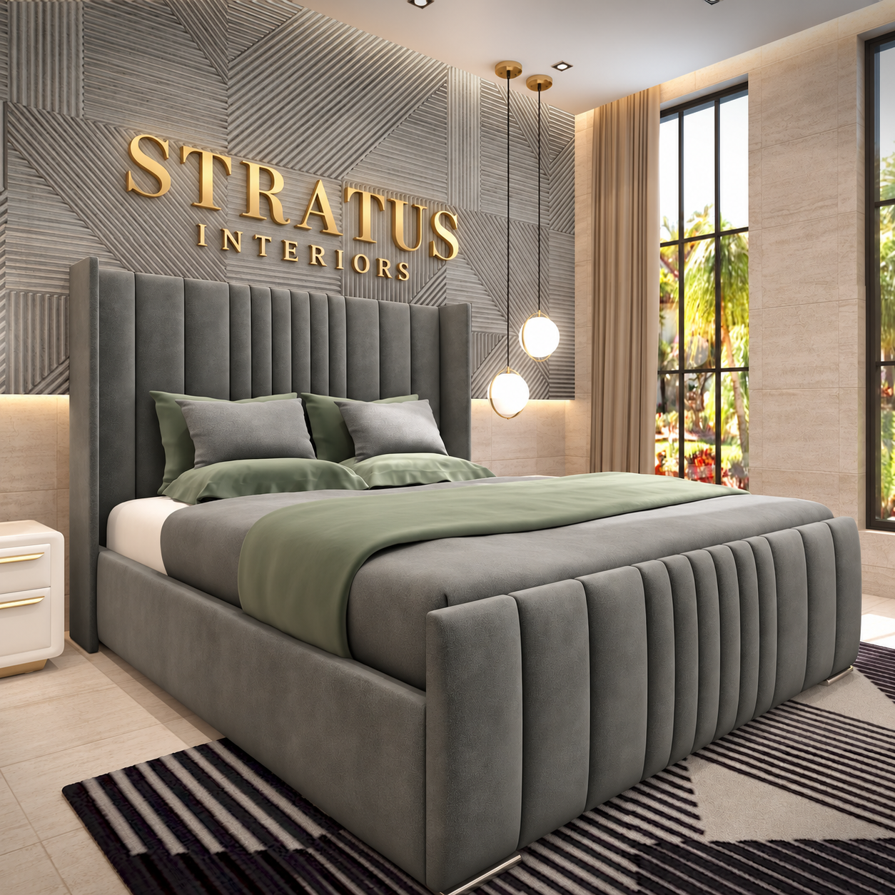 Manhattan grey wingback upholstered bed with vertical panels and gold Stratus Interiors wall lettering