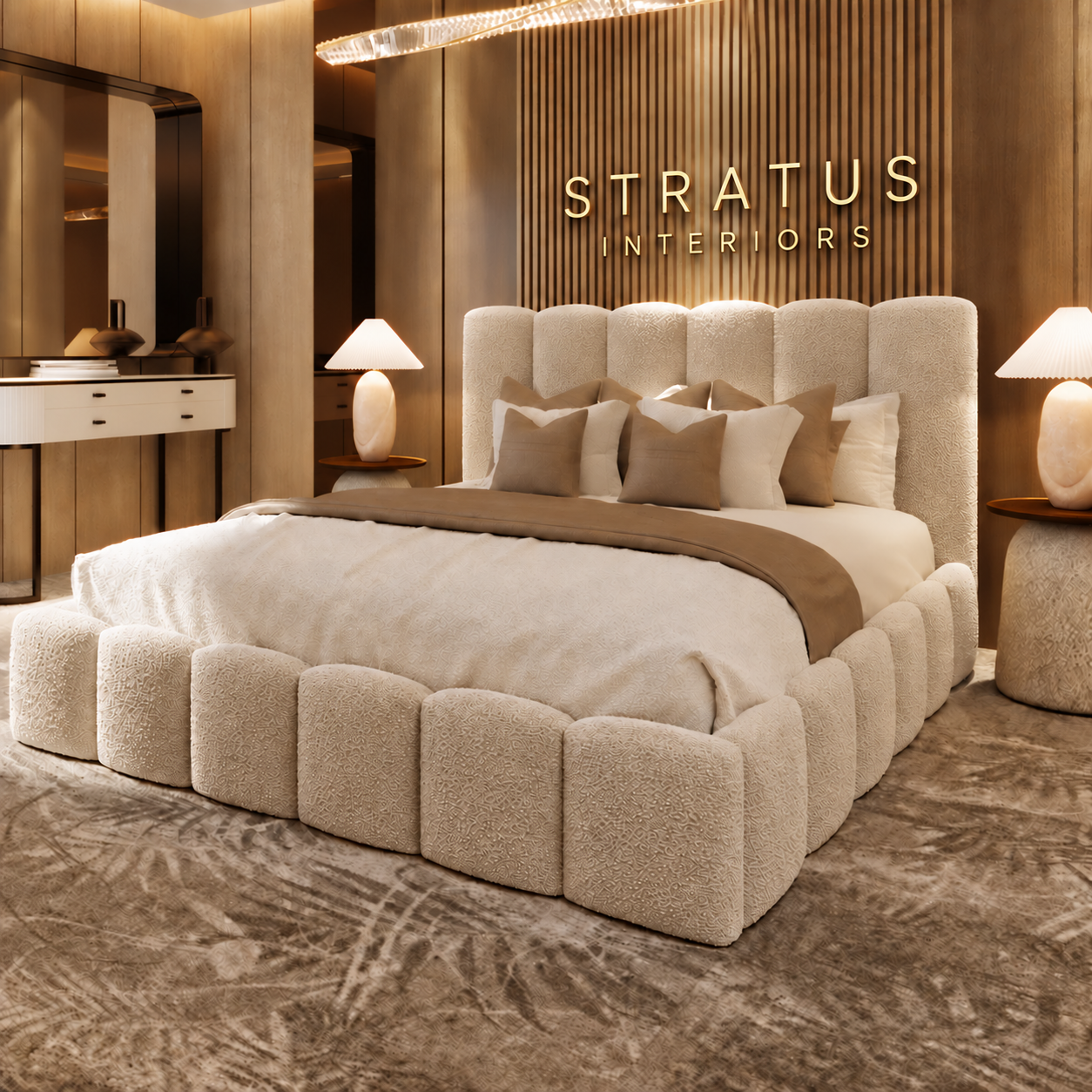 Beige bouclé Teddy Orlando bed with gold Stratus Interiors lettering