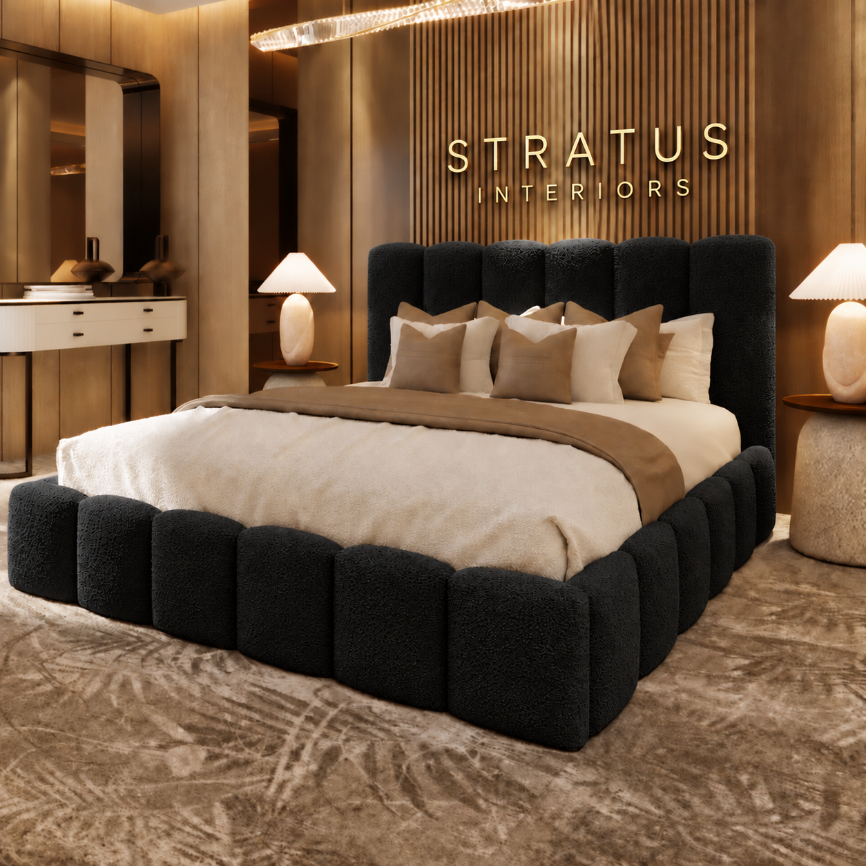 Black bouclé Teddy Orlando bed with gold Stratus Interiors lettering