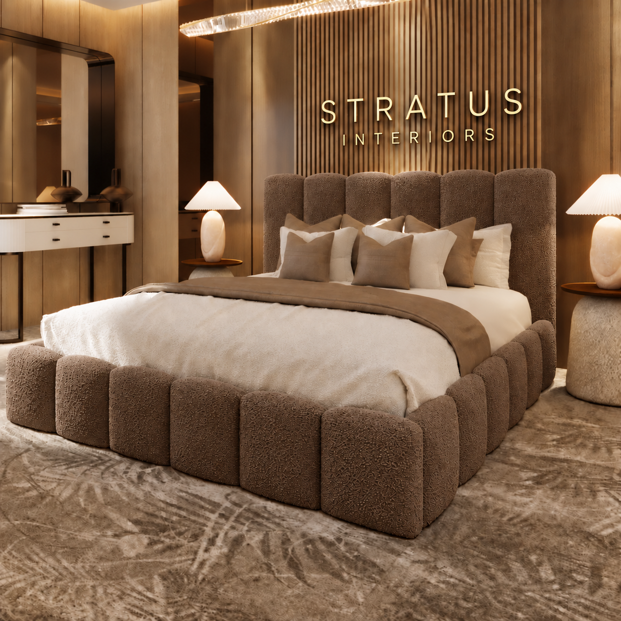 Brown bouclé Teddy Orlando bed with gold Stratus Interiors lettering